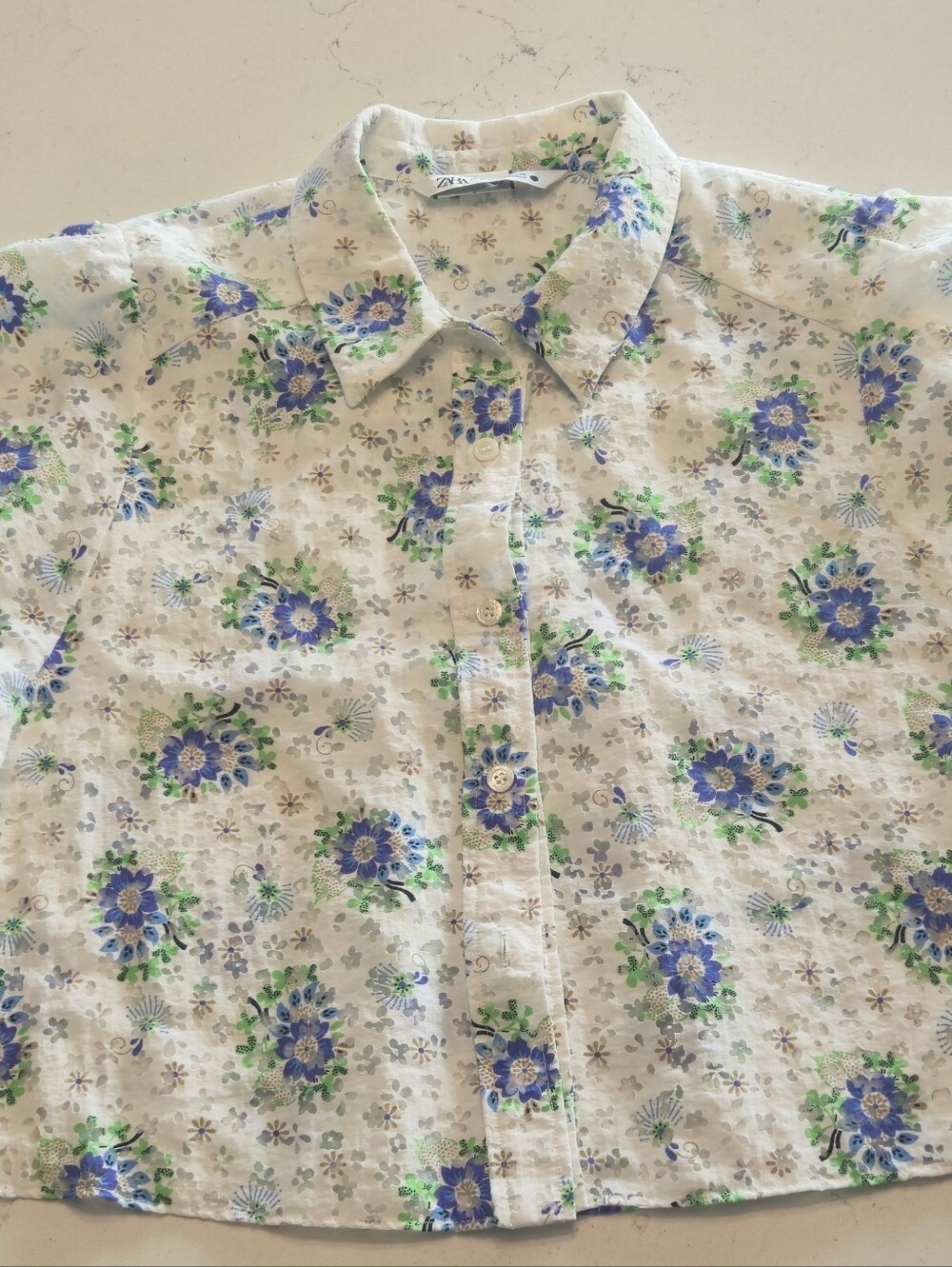 ZARA Floral Button Front Blouse Blue Green Cream Size Large